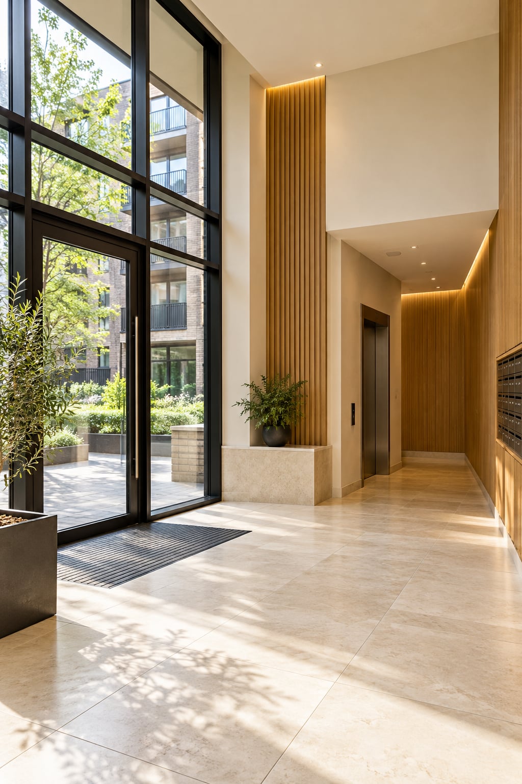Natural light in a clean residential communal entrance with oak panelling and a stone floor